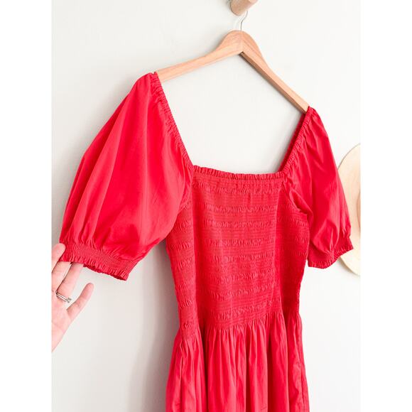 Madewell | NWT Smocked Puff Sleeve Midi Dress in Poplin in Cerise Red | Sz L - Picture 3 of 10